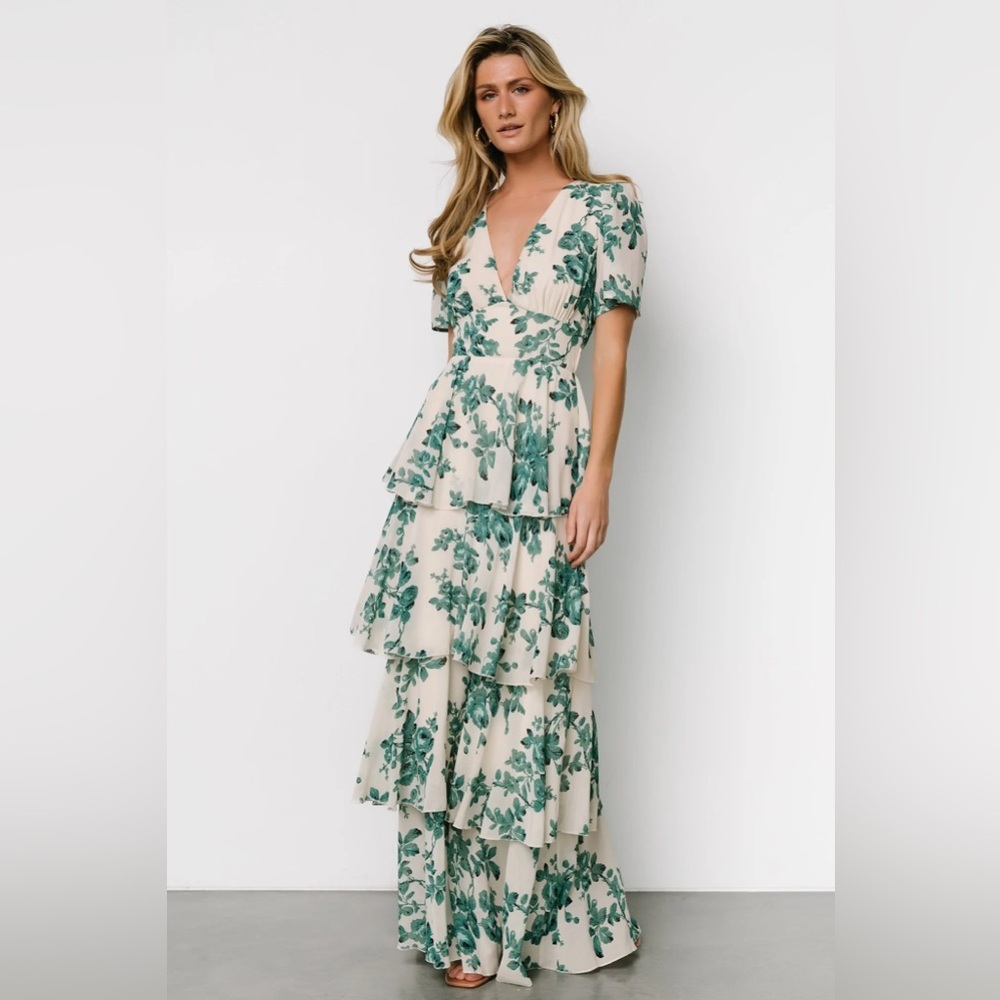 BALTIC BORN Montaigne Ruffle Maxi Dress Ivory and Green Floral Sz Small NWT